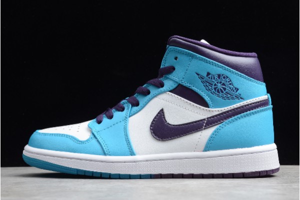 Cheap Air Jordan 1 Mid Hornets Blue Lagoon Grand Purple White Youth 554724 415 