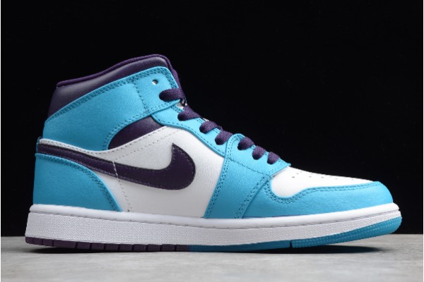 Cheap Air Jordan 1 Mid Hornets Blue Lagoon Grand Purple White Youth 554724 415 