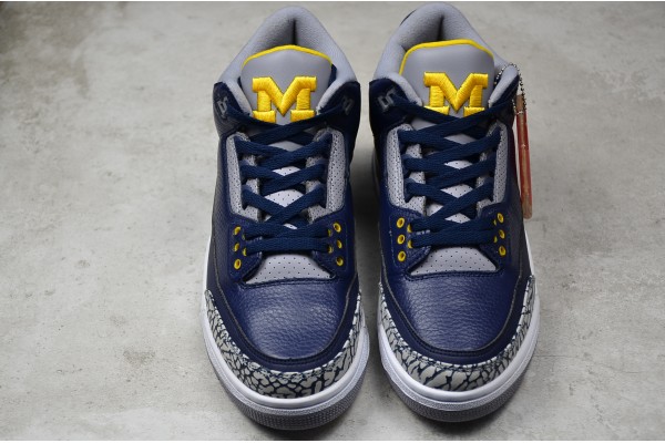 Buy Air Jordan 3 Retro Michigan PE Collegiate Navy Amarillo Cement Grey Mens AJ3 820064 